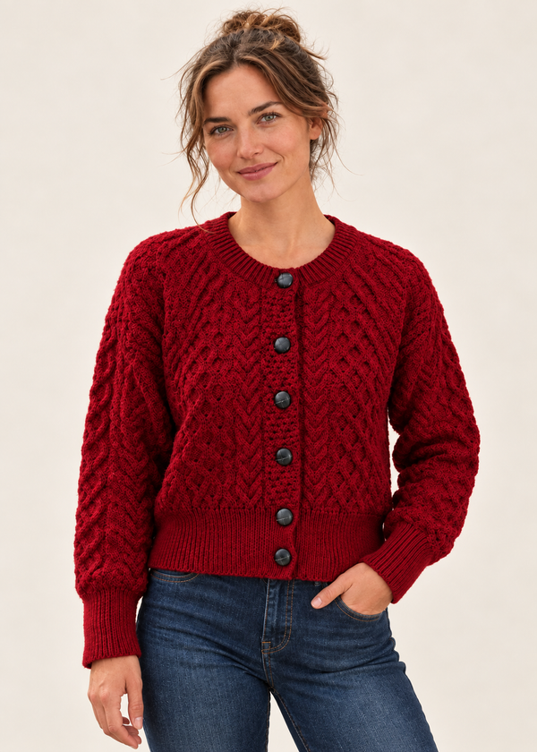 Ladies Merino Cropped Classic Aran Cardigan | Red