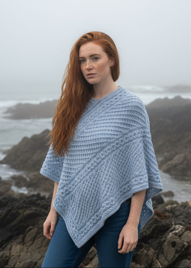 Aran Merino Wool V Poncho | Sky 