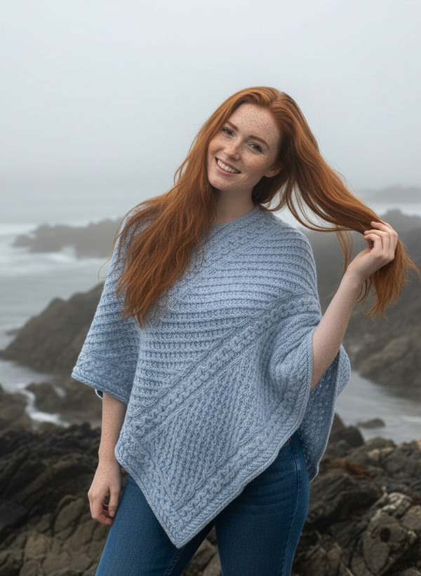 Aran Merino Wool V Poncho | Sky - Clearance