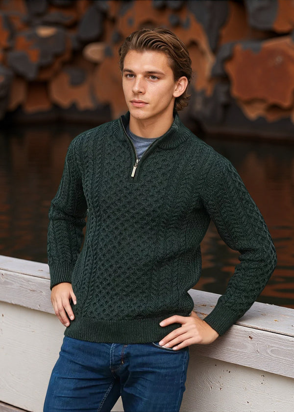 Aran Merino Wool Half Zip Sweater | Green