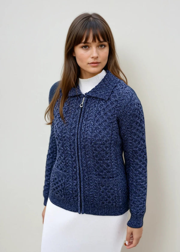 Aran Full Zip Cardigan | Denim Marl