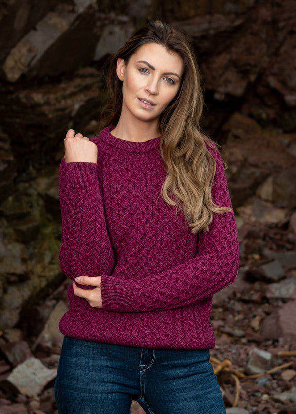 Ladies Slim-Fit Aran Sweater | Raspberry