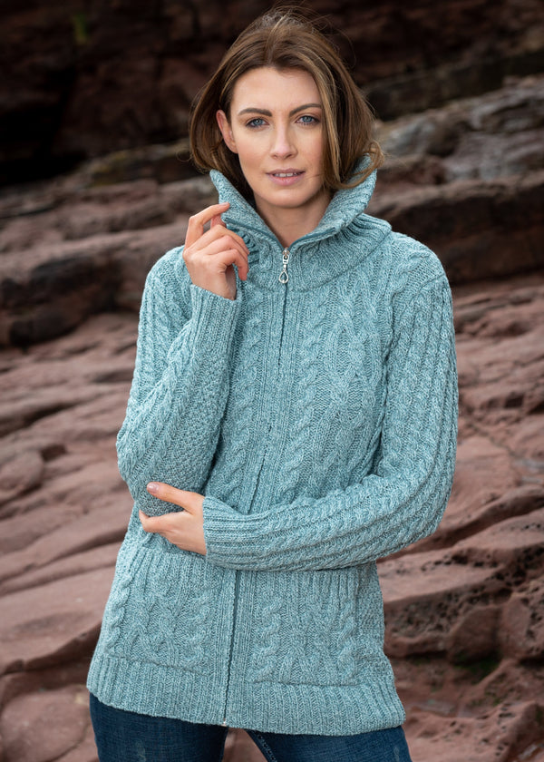 Aran Claddagh Zip Cardigan | Aqua