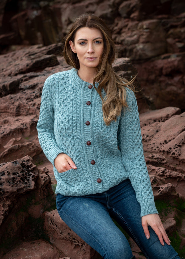 Aran Cable Knit Cardigan Aqua