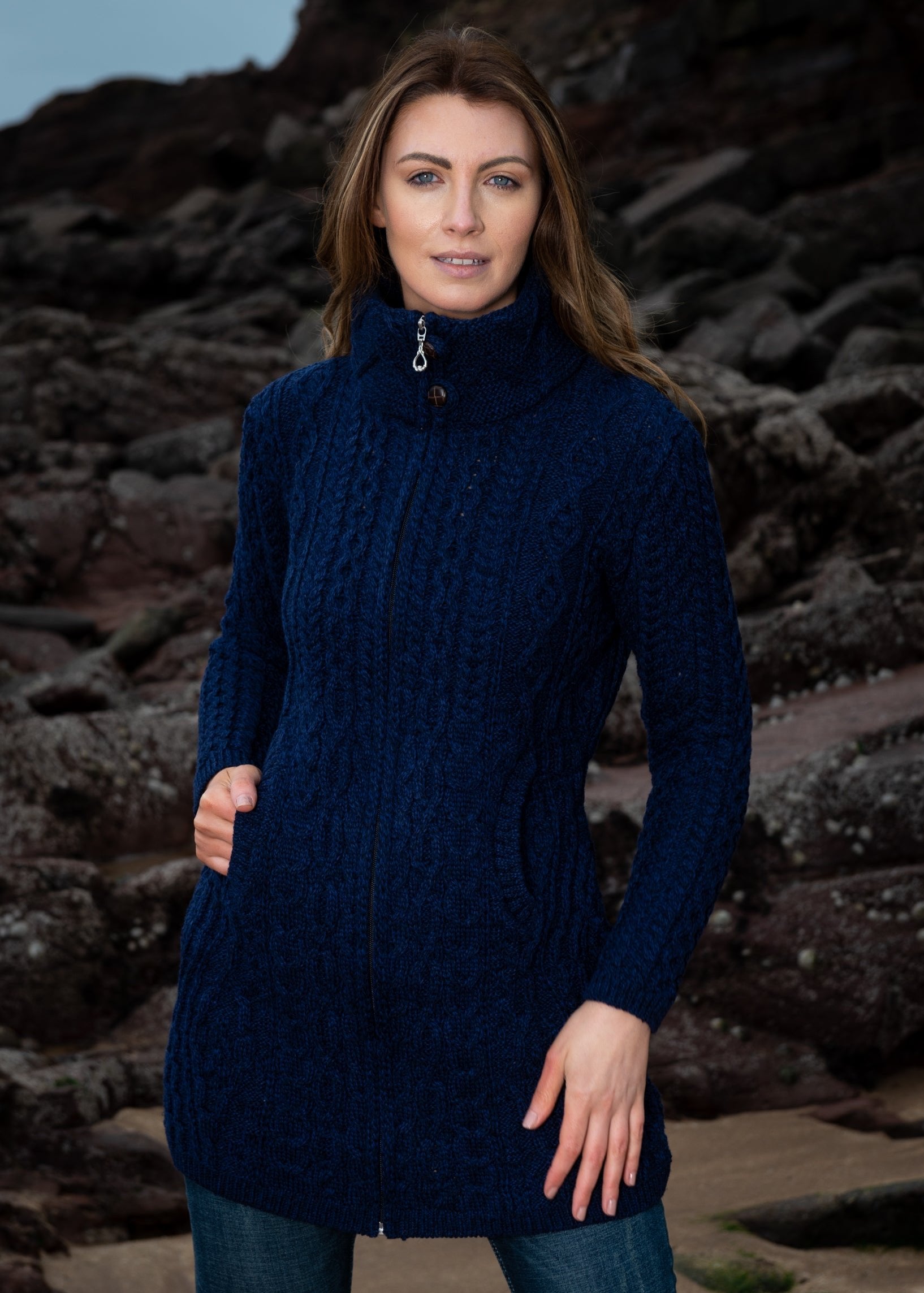 Aran Long Fitted Coat | Deep Water Blue