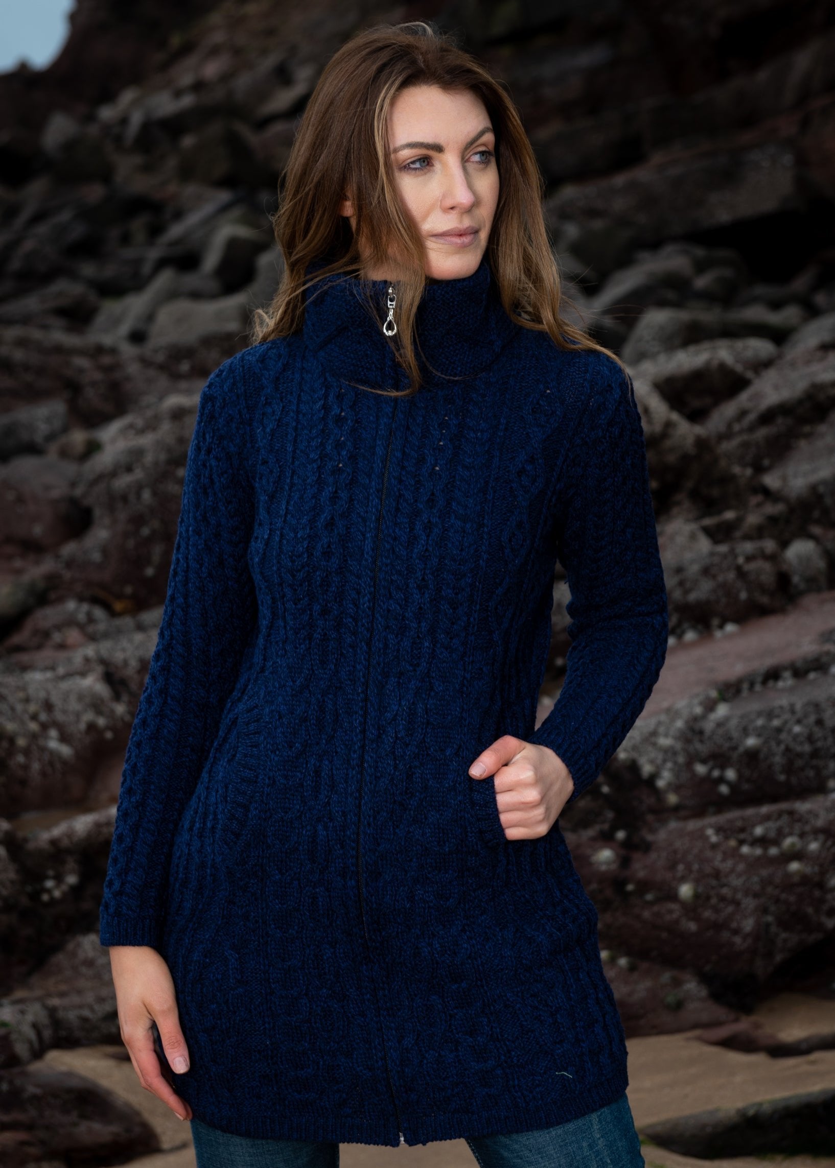 Aran Long Fitted Coat | Deep Water Blue