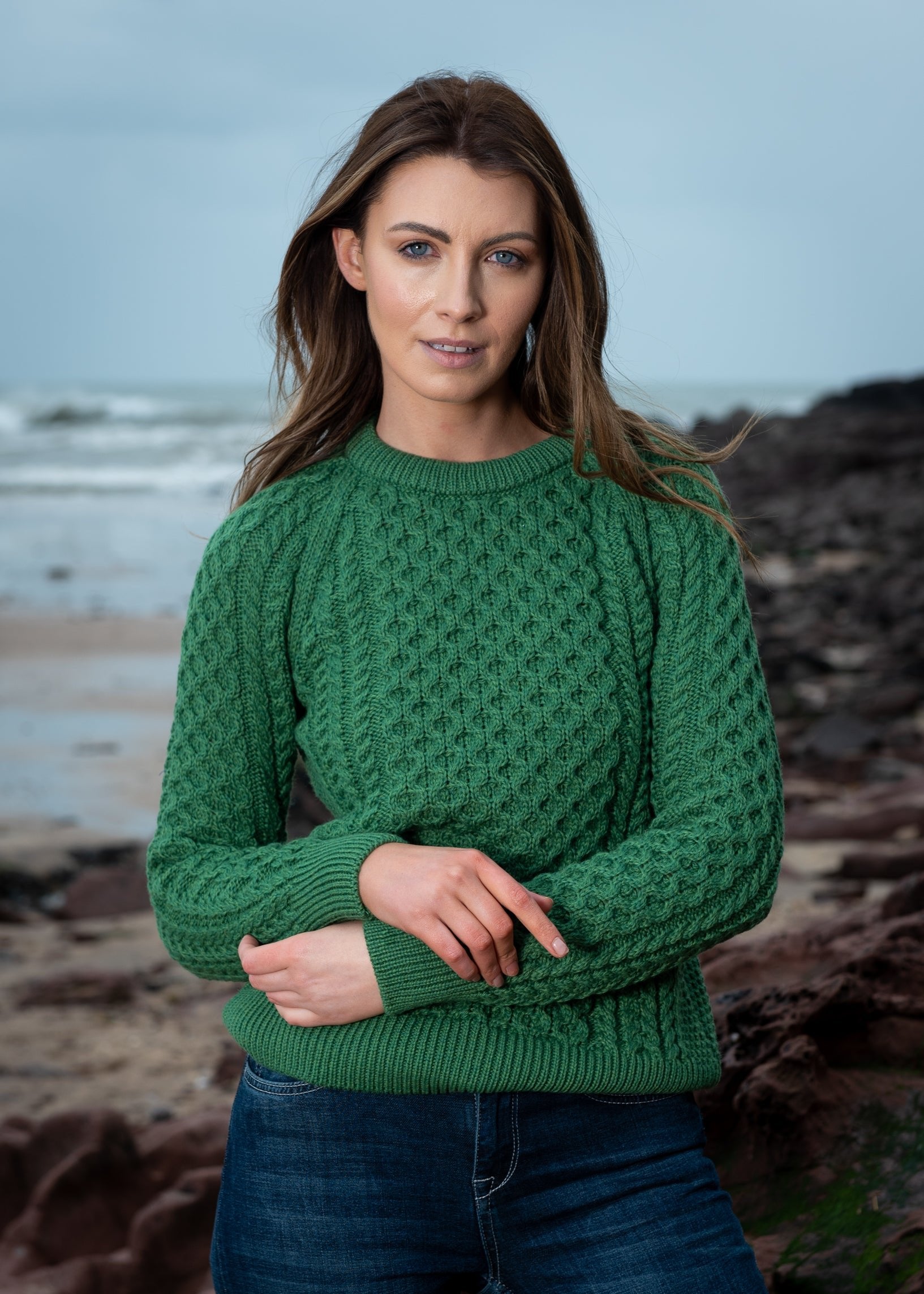 Ladies Slim-Fit Aran Sweater | Green