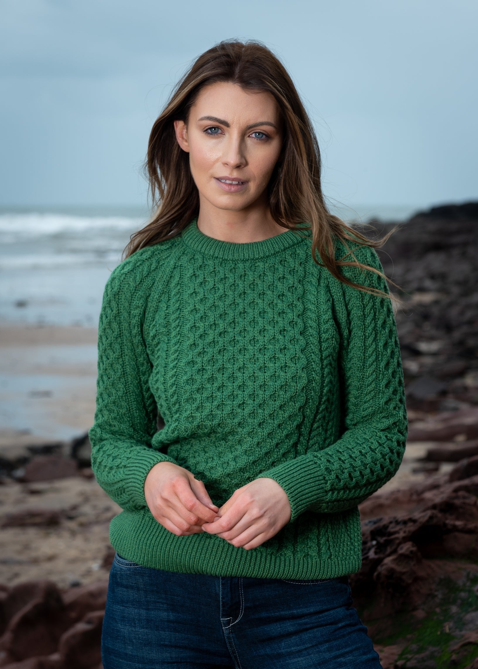 Ladies Slim-Fit Aran Sweater | Green