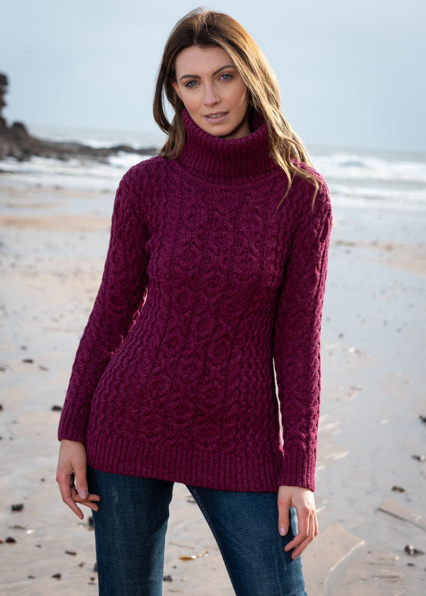 Aran Chunky Cowl Neck Sweater | Raspberry Marl