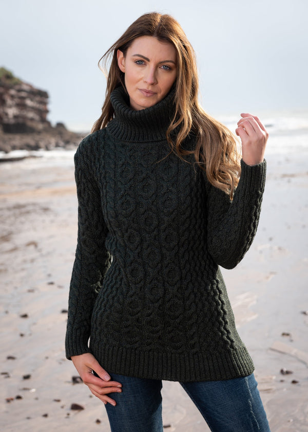 Aran Chunky Cowl Neck Sweater | Army Green