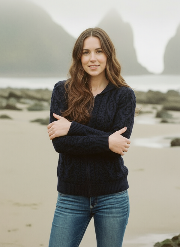 IrelandsEye Women's Aran Hooded Cardigan | Navy