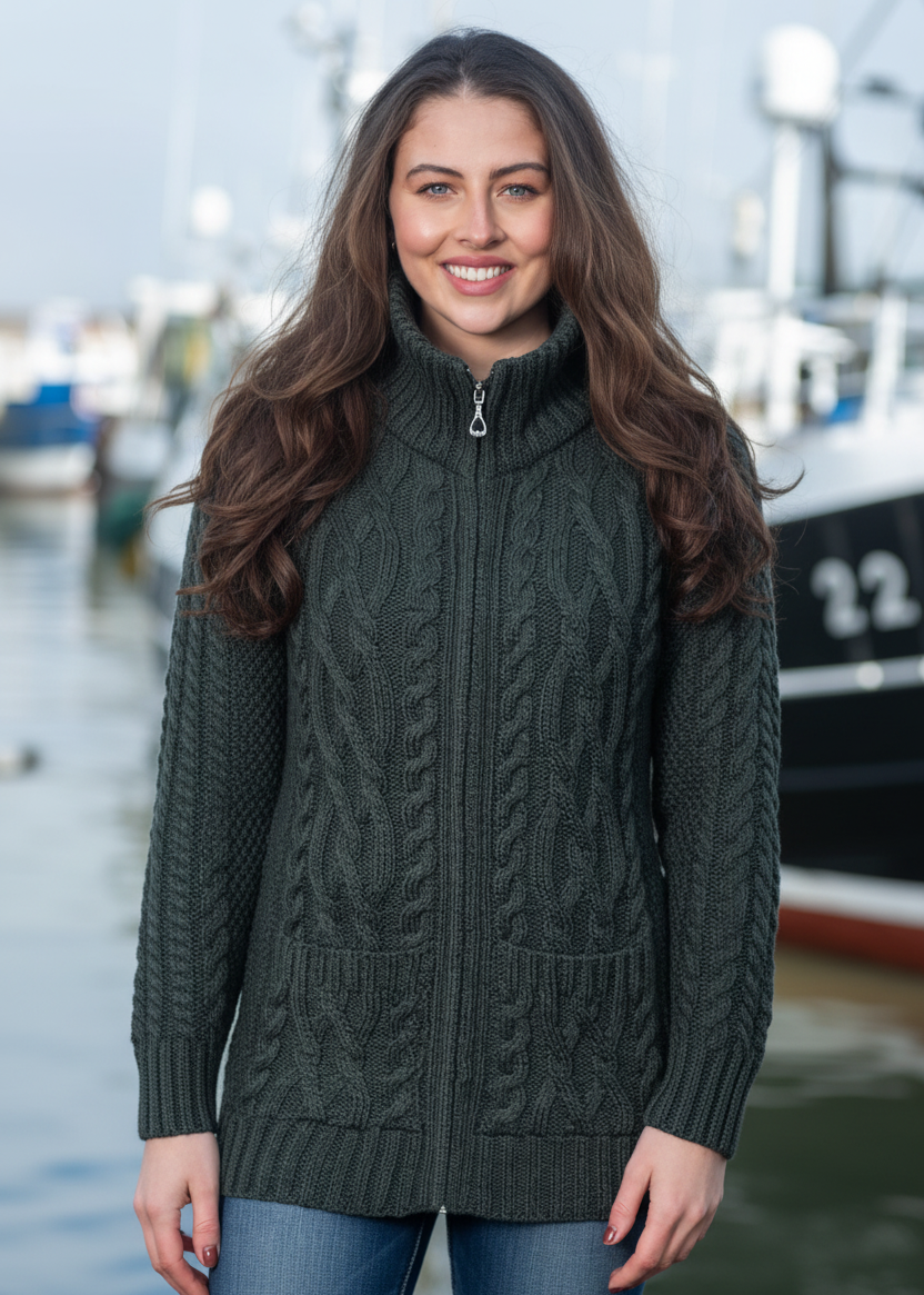 Aran Claddagh Zip Cardigan | Women's Green Merino Wool