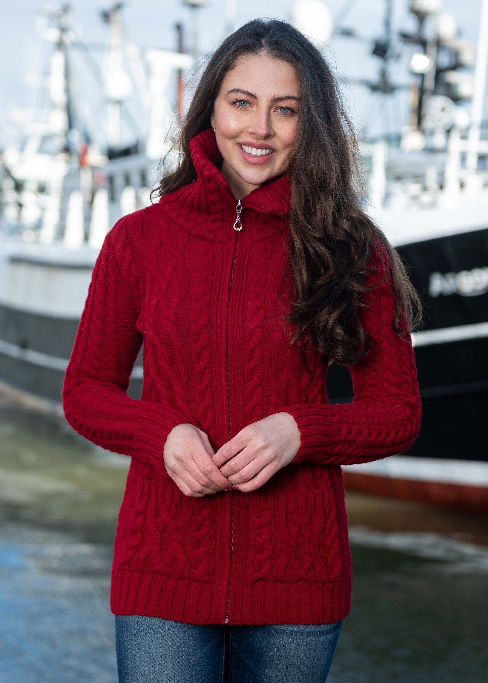 Aran Claddagh Zip Cardigan | Red