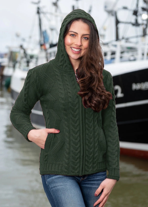 Aran Hooded Cardigan | Army Green