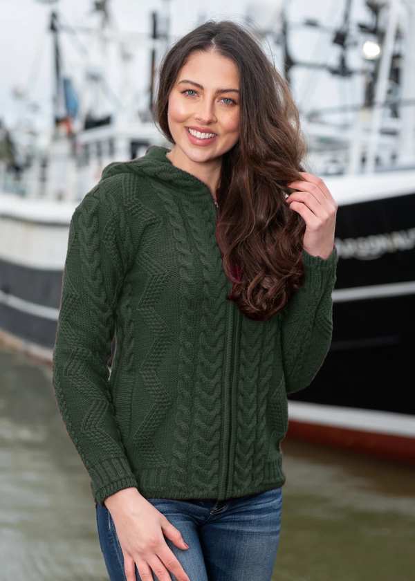 Aran Hooded Cardigan | Army Green