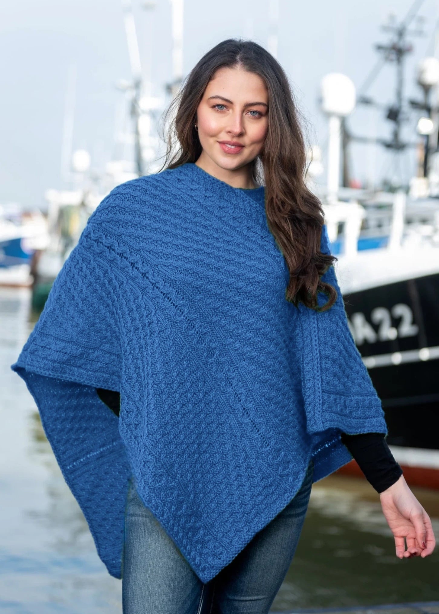 Aran Merino Wool V Poncho | Denim Marl - Clearance
