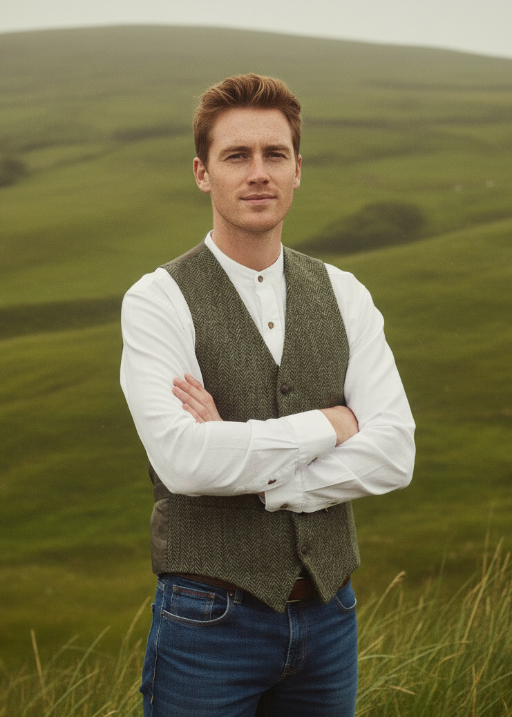 Man in a hatman vest and white shirt standing in a green field