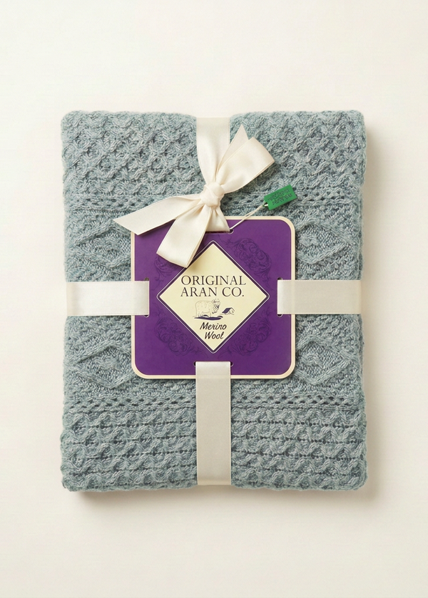 Diamond Aran Merino Wool Throw | Aqua