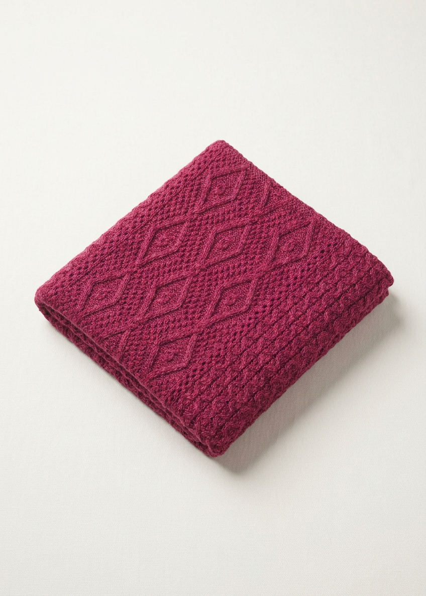 Diamond Aran Merino Wool Throw | Raspberry Marl