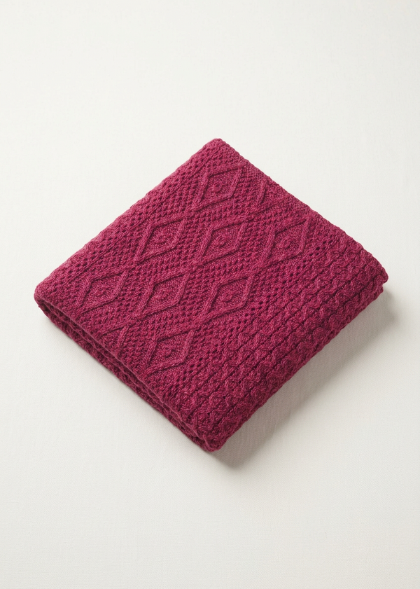 Diamond Aran Merino Wool Throw | Raspberry Marl