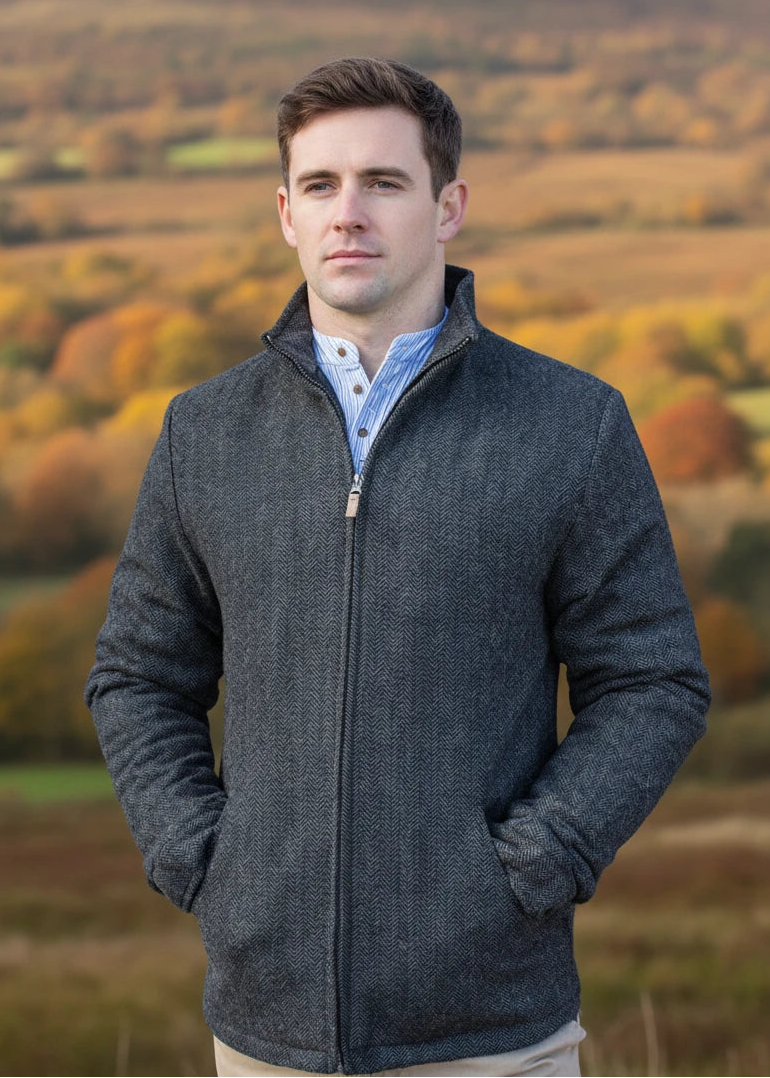 Men's Donegal Full Zip Herringbone Jacket | Charcoal