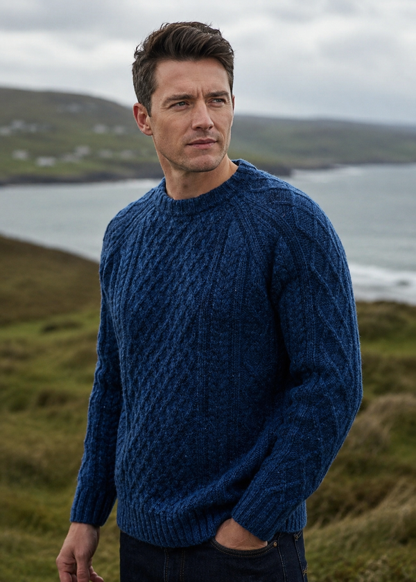Donegal Tweed Aran Crew Neck Sweater - Blue