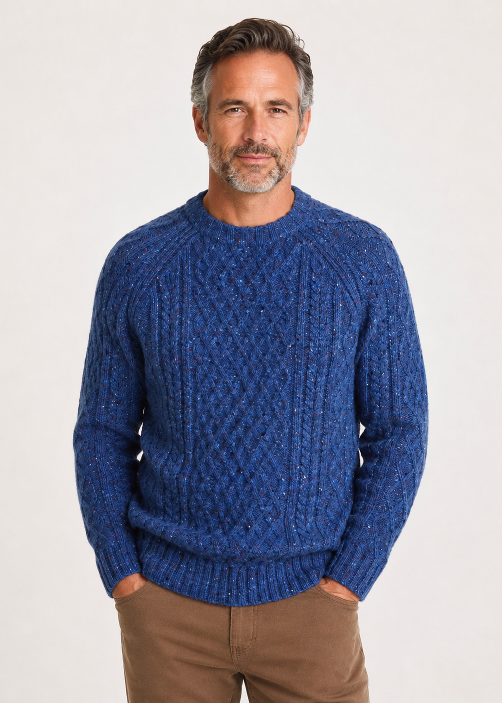Donegal Tweed Aran Crew Neck Sweater | Blue Fleck