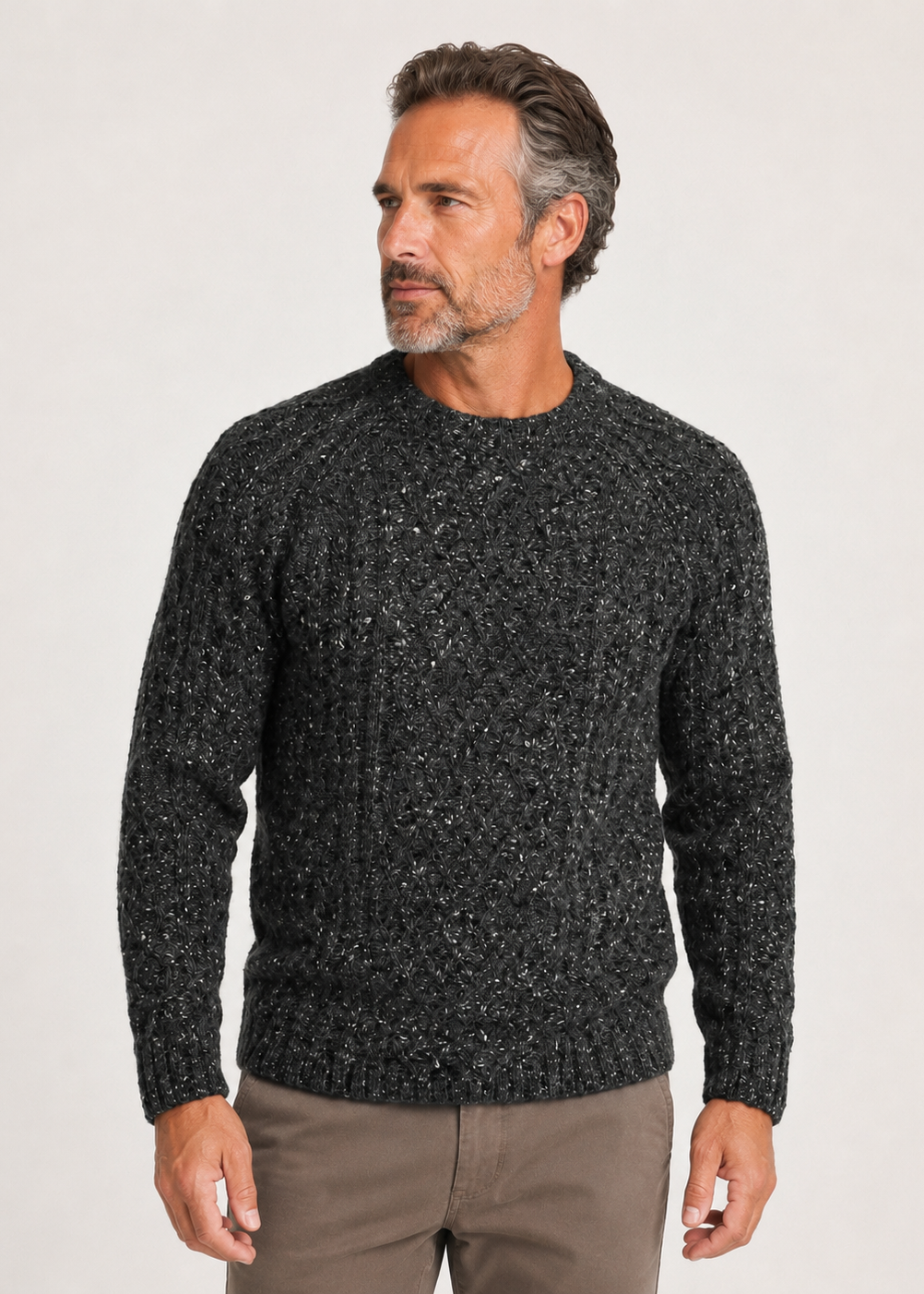 Donegal Tweed Aran Crew Neck Sweater | Charcoal Fleck