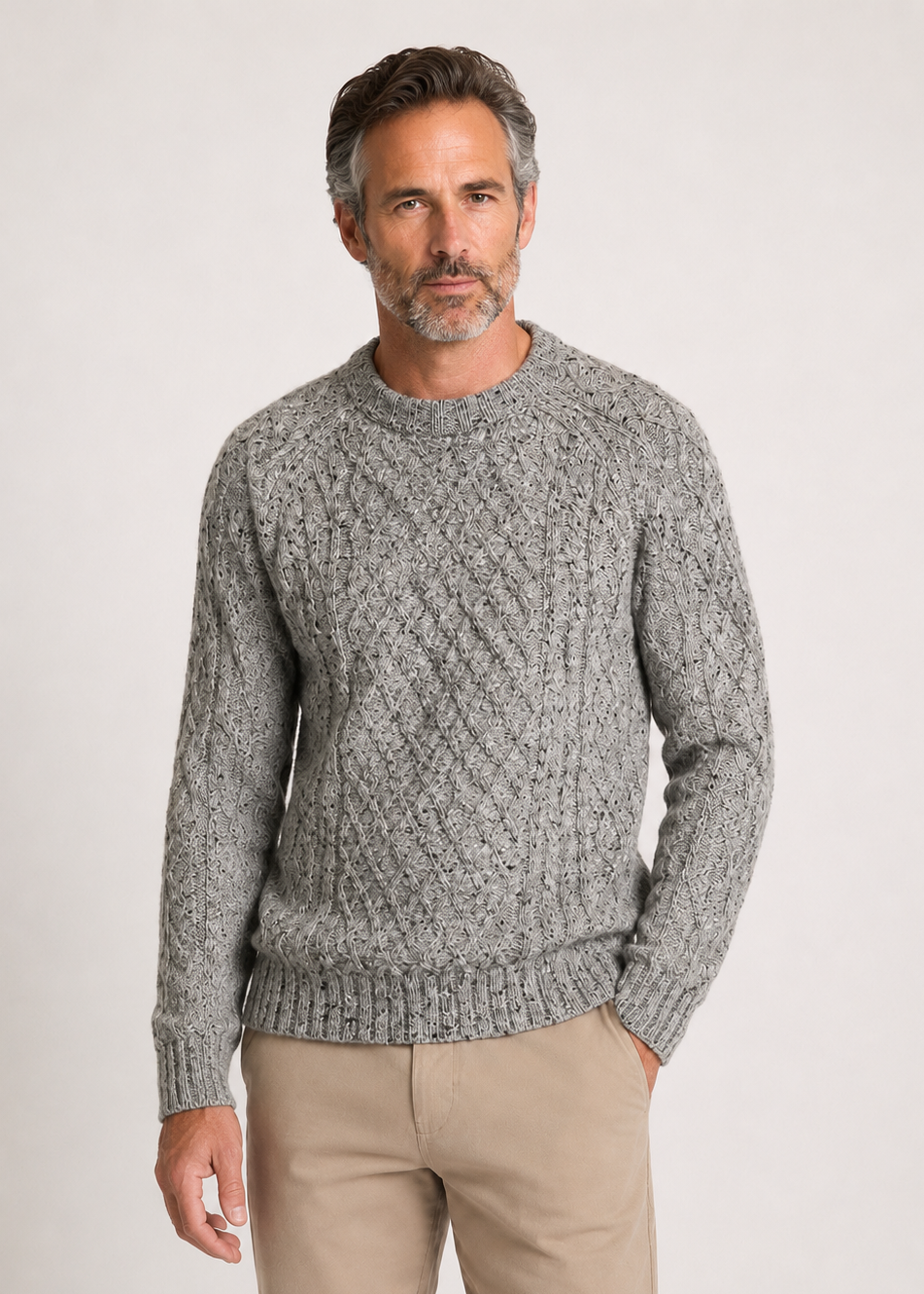 Donegal Tweed Aran Crew Neck Sweater | Silver Fleck
