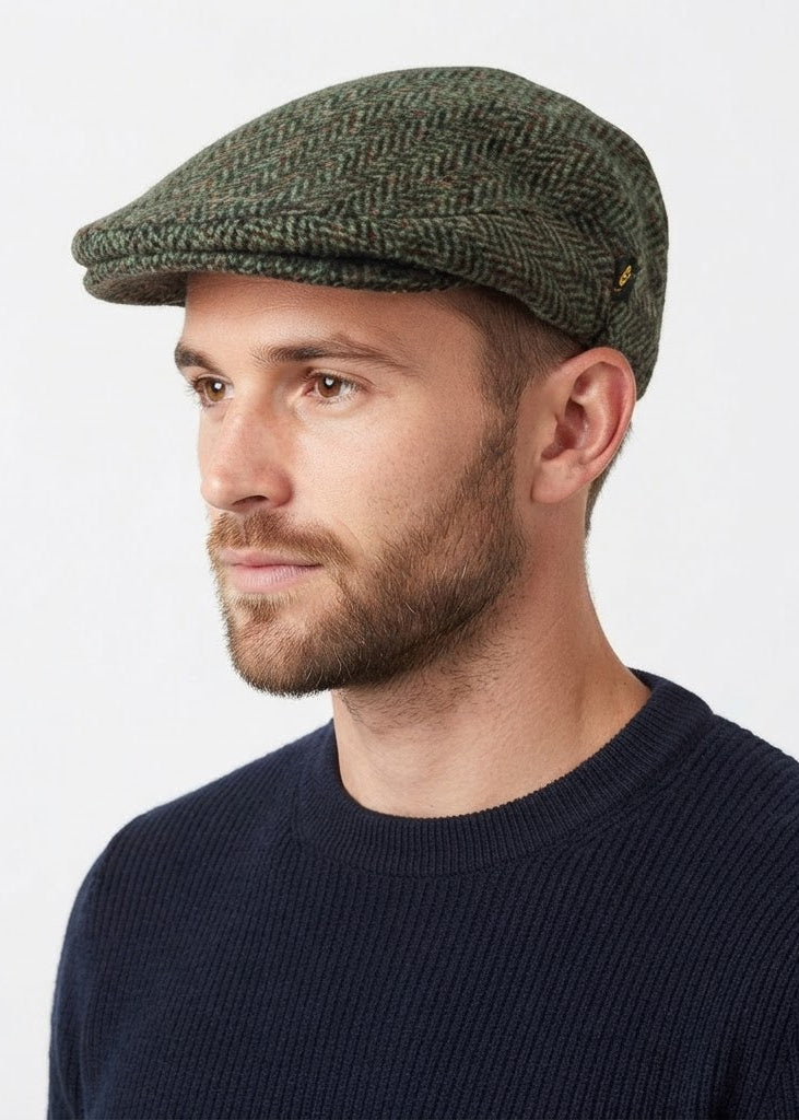 Donegal Tweed Flat Cap Green Herringbone | Handmade Irish Heritage Cap