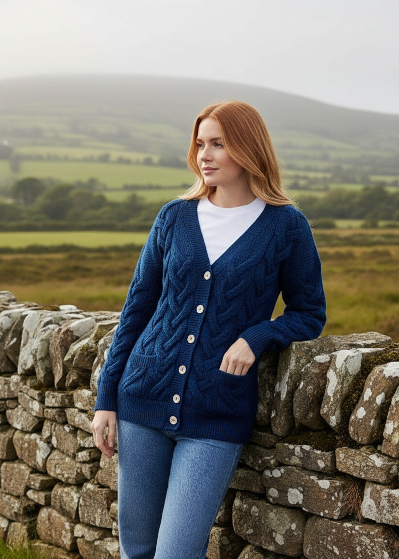 Ink Blue Aran Cardigan Stone Wall Lifestyle