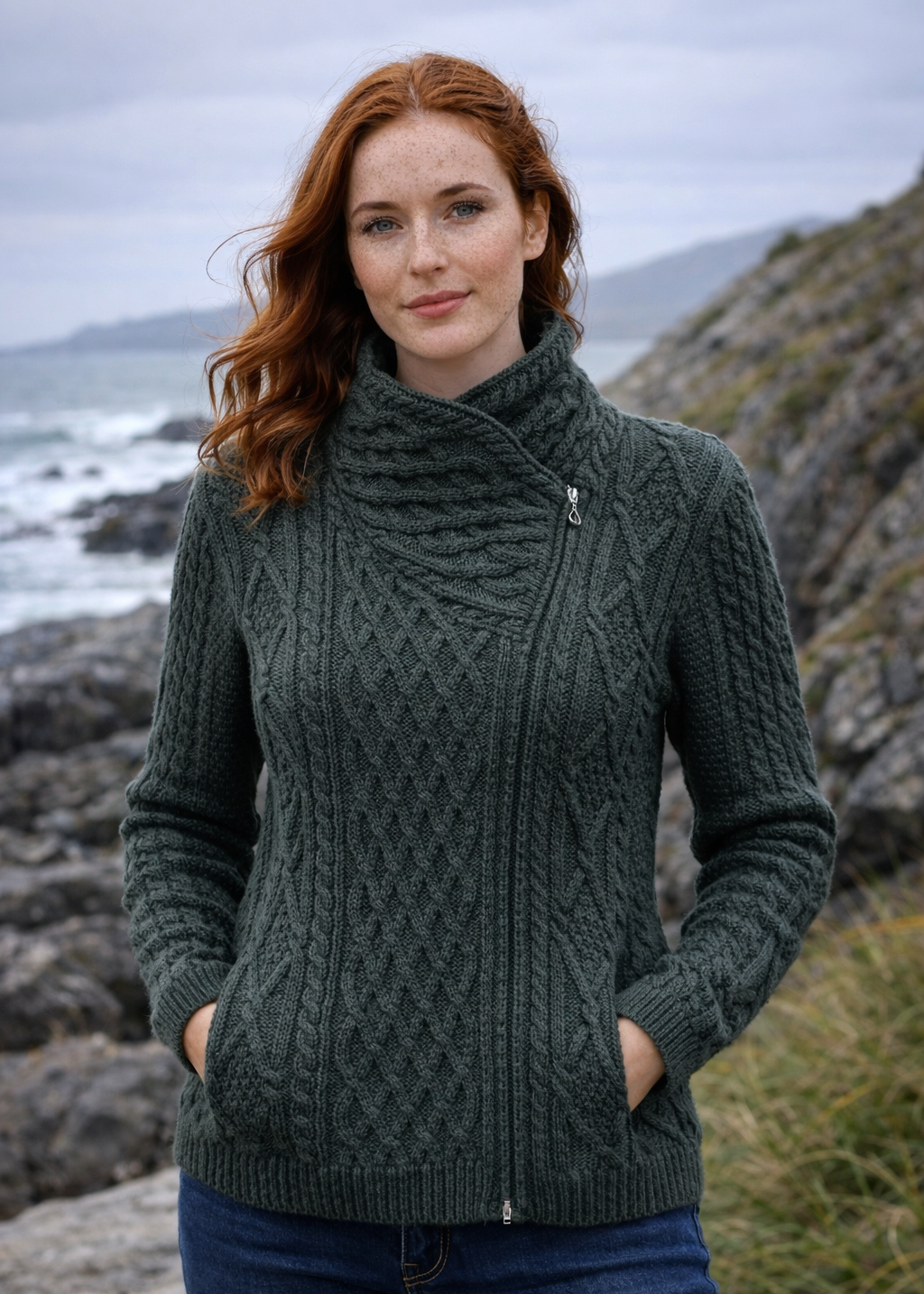 Aran Bikers Claddagh Side Zip Cardigan | Army Green