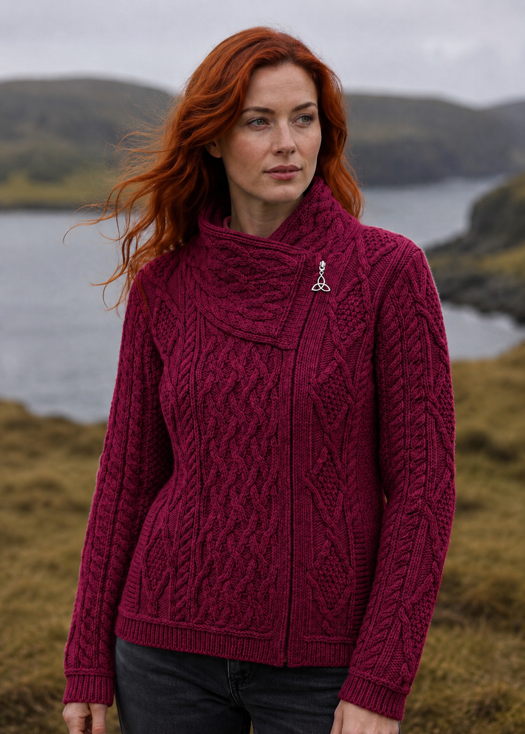 Aran Crafts Ladies Side Zip Cardigan | Berry