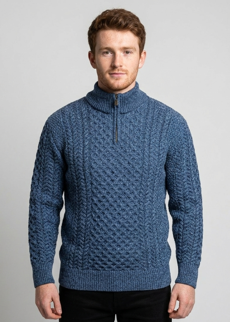 Aran Merino Wool Half Zip Sweater | Denim