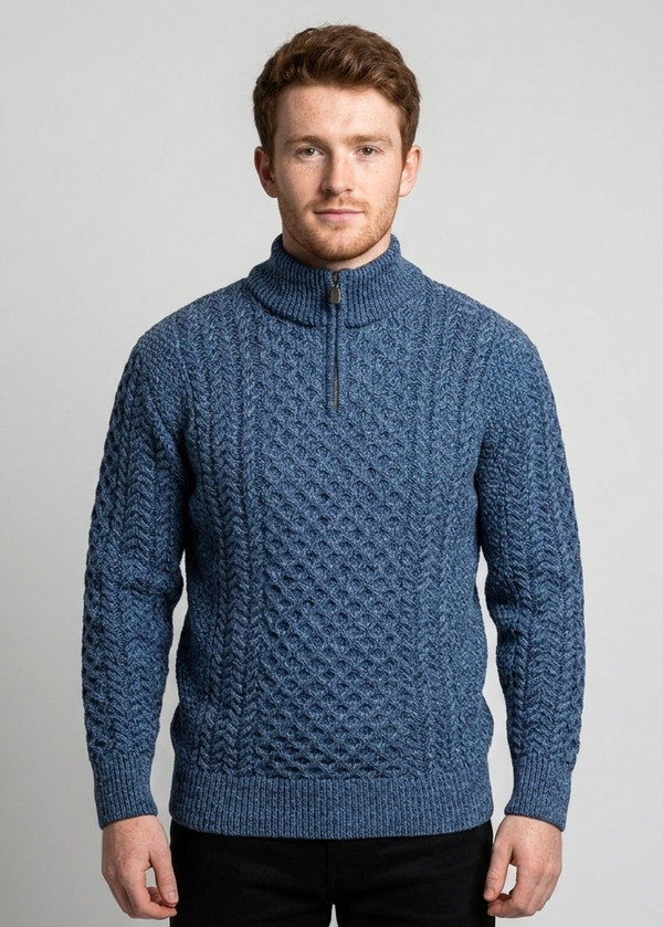 Aran Merino Wool Half Zip Sweater | Denim