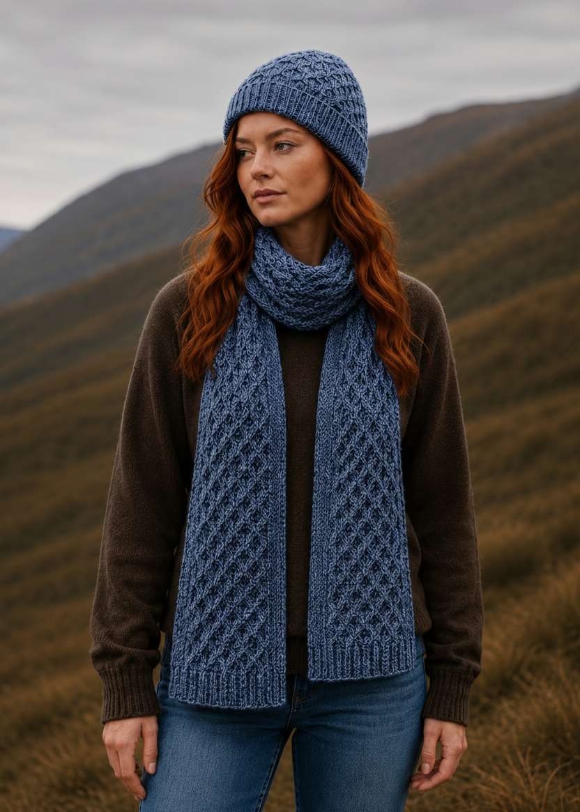 Aran Merino Wool Honeycomb Scarf | Denim Marl
