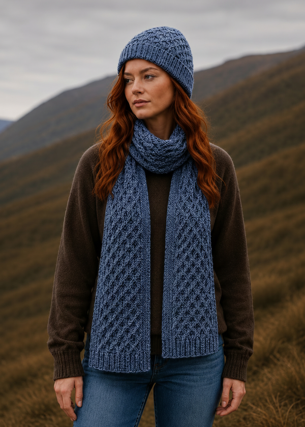 Aran Merino Wool Honeycomb Scarf | Denim Marl