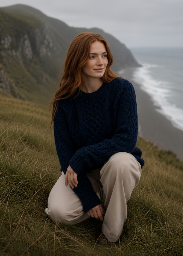 Heavy Weight Aran Fisherman Sweater | Navy/Green Mix