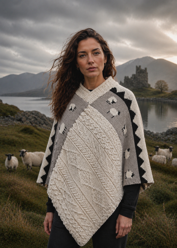 Ladies Sheep Scene V Neck Poncho | Nepp | 100% Pure Wool