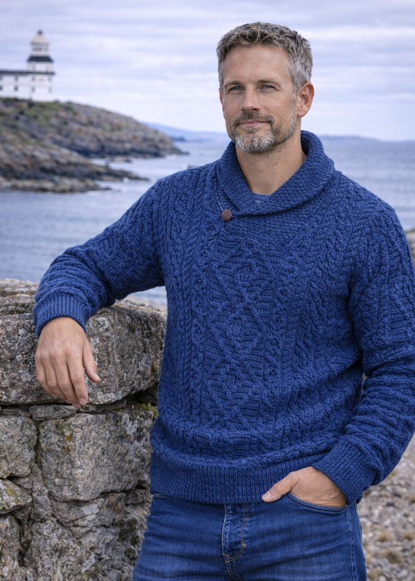 Men's Merino Wool Aran Shawl Neck Sweater | DWB