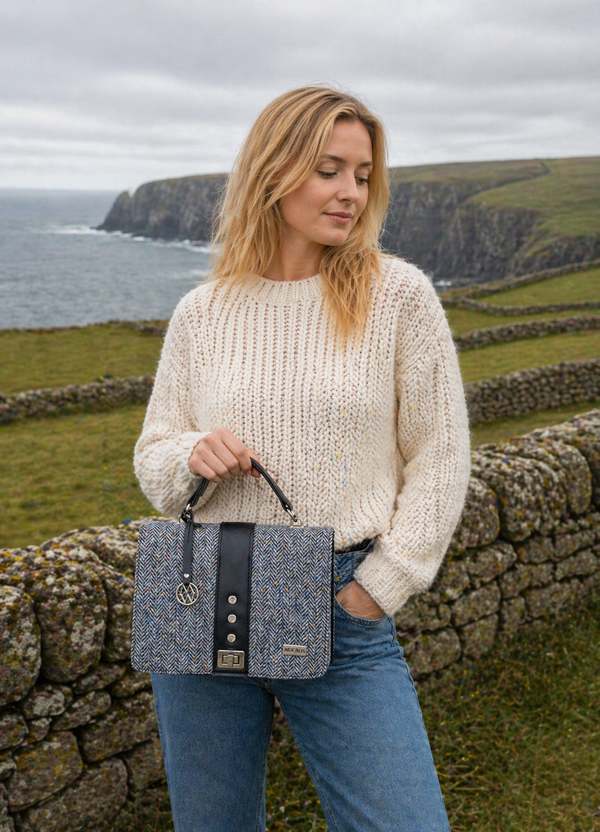 Mucros Gray Herringbone Fiona Bag - Premium Tweed & Vegan Leather Crossbody