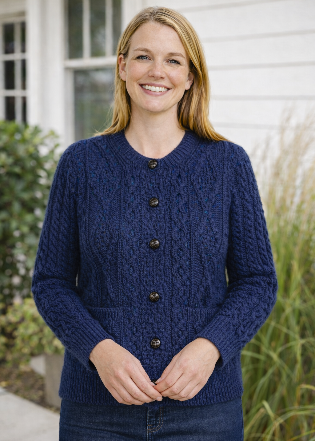 Women's Aran Cardigan Navy Green Mix | Authentic Irish Cable Knit