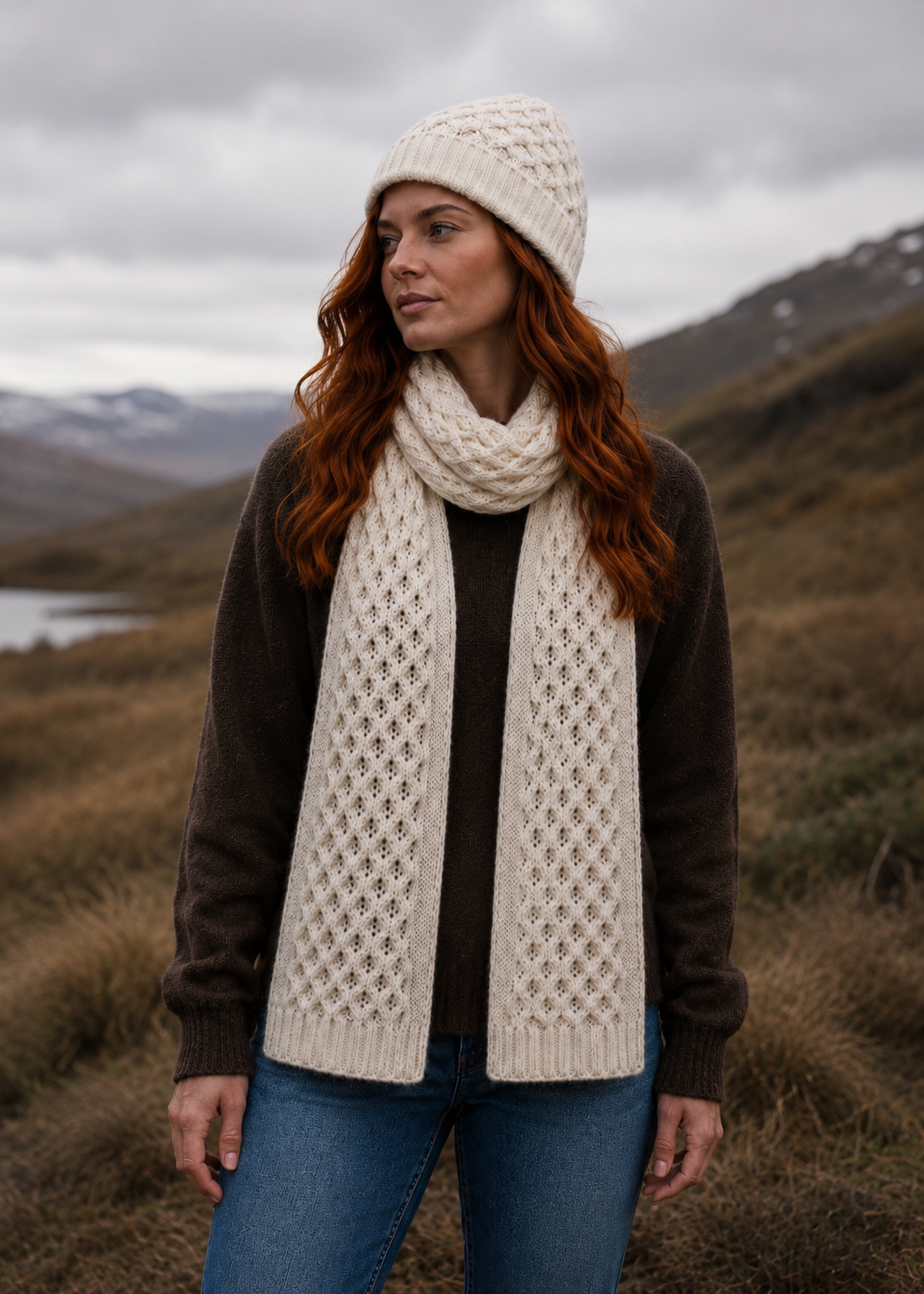 Woman wearing a knitted scarf and hat in a mountainous landscape