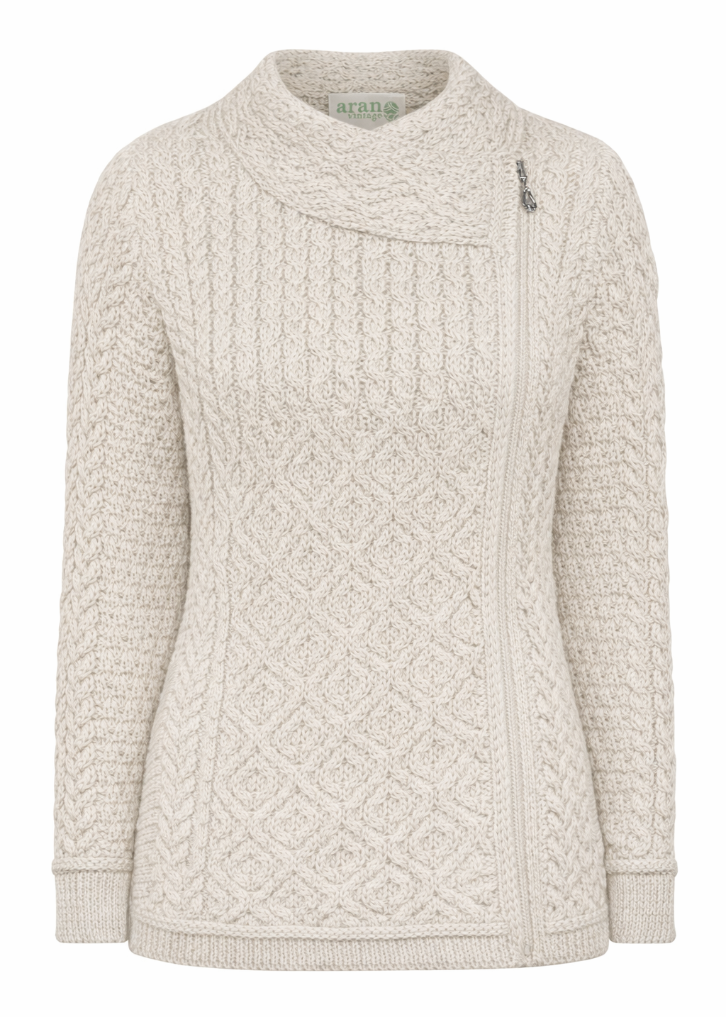 Claddagh Zip Aran Cardigan | Oatmeal | 100% Merino Wool 