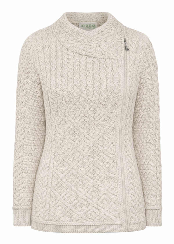 Claddagh Zip Aran Cardigan | Oatmeal | 100% Merino Wool 