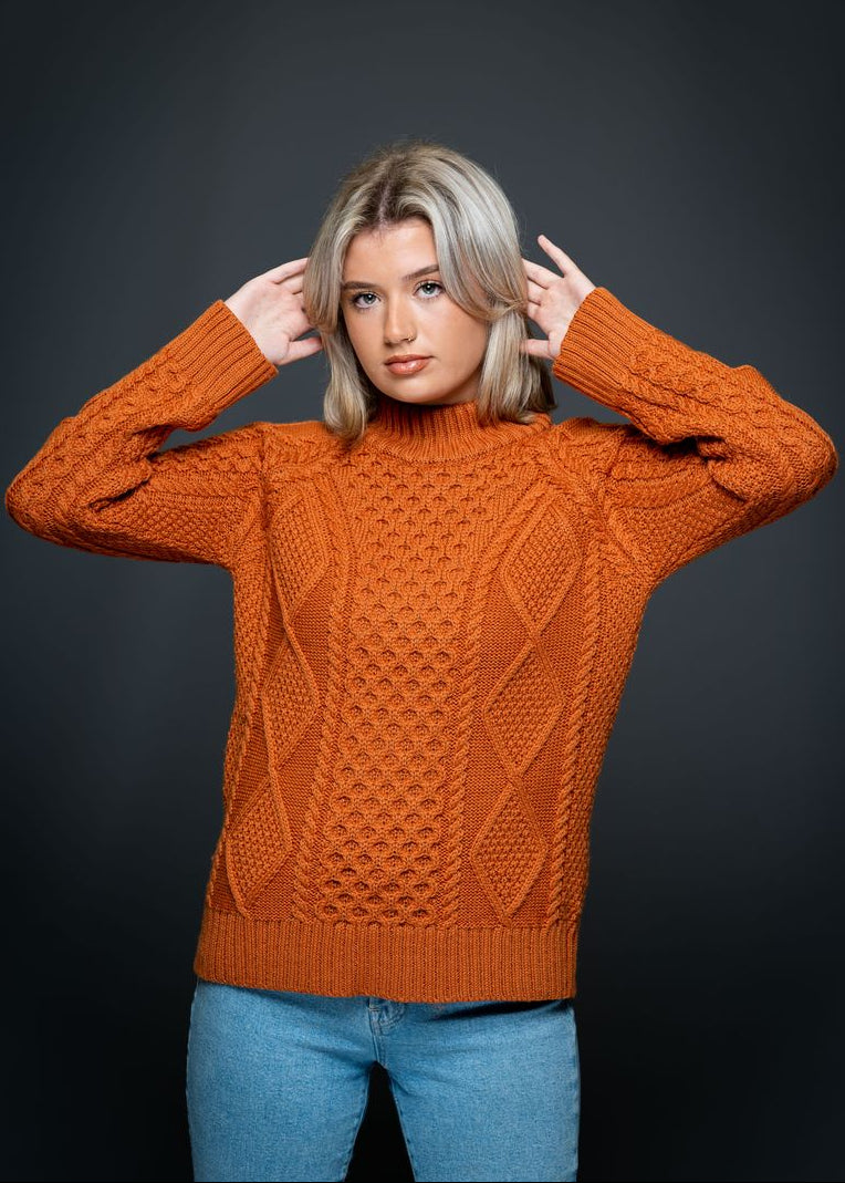 Merino Wool Cowl Neck Aran Sweater | Terracotta *XS ONLY* Clearance