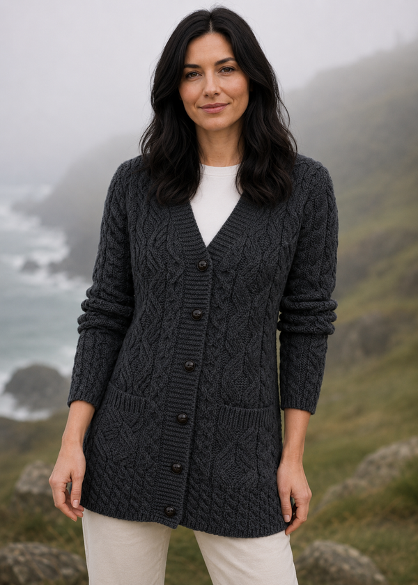 Aran Long Line Merino Cardigan | Charcoal