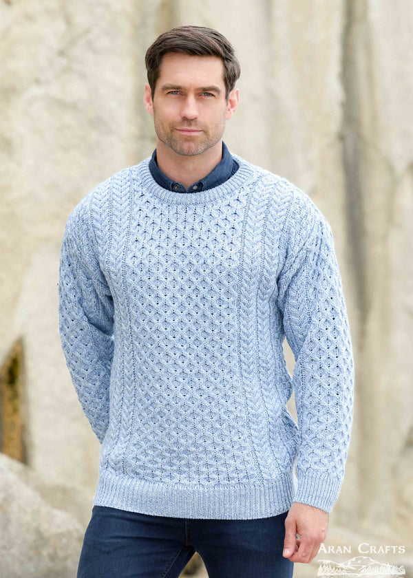 Aran Crew Neck Sweater - 100% Merino Wool Ice Blue | Made in Ireland