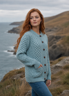 Aran Cable Knit Cardigan | 100% Wool | Aqua
