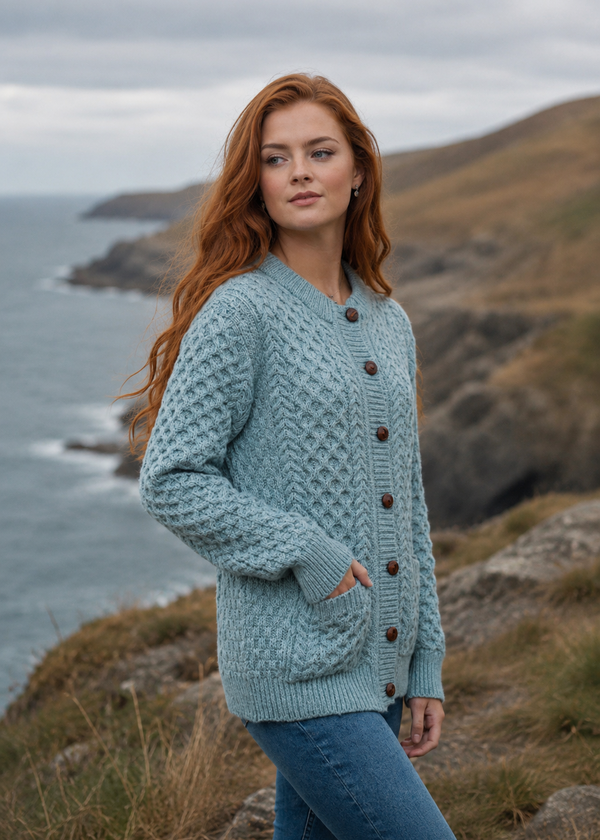 Aran Cable Knit Cardigan | 100% Wool | Aqua